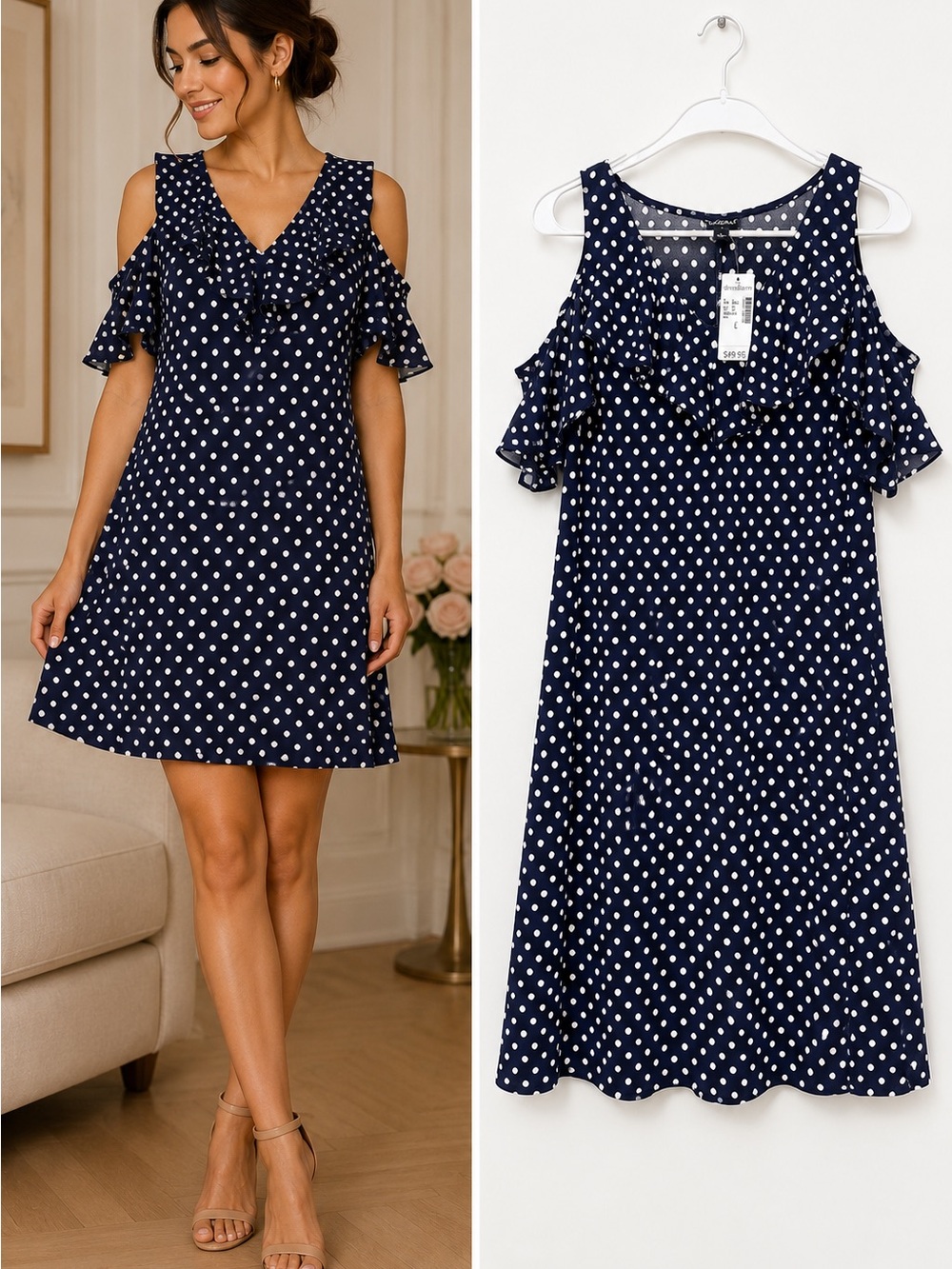 Roz & Ali Polka Dot Cold Shoulder Dress Navy White NWT Women’s Size L